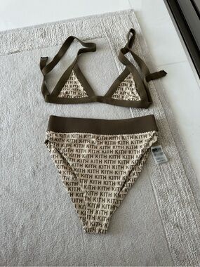 Kith Beige Logo Print Bikini with Olive Trim